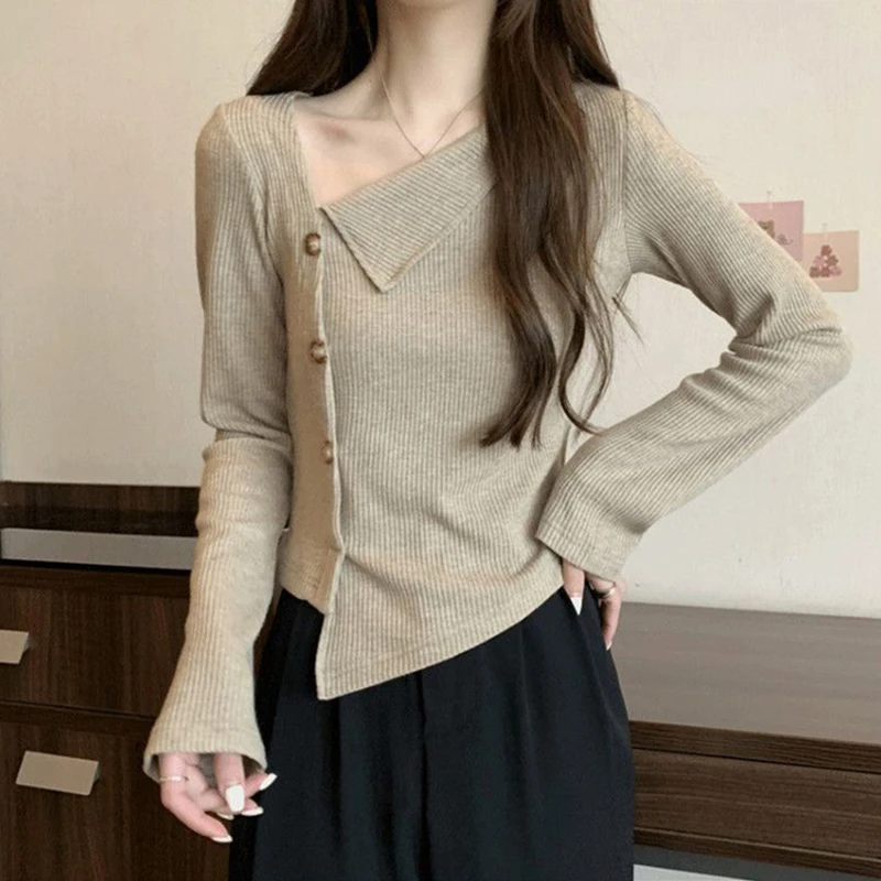 Y2K Skew Collar Asymmetrical Button Chic Slim Long Sleeve Tee T Shirts Femmes Spring Autumn Korean Fashion All Match Tops Female