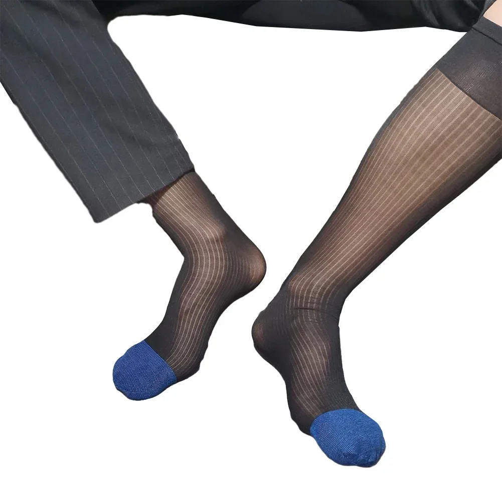 Mens Socks Wide Thin Striped Sheer Silky Stockings Traceless Ultra-thin Socks Breathable Free Size See-Through