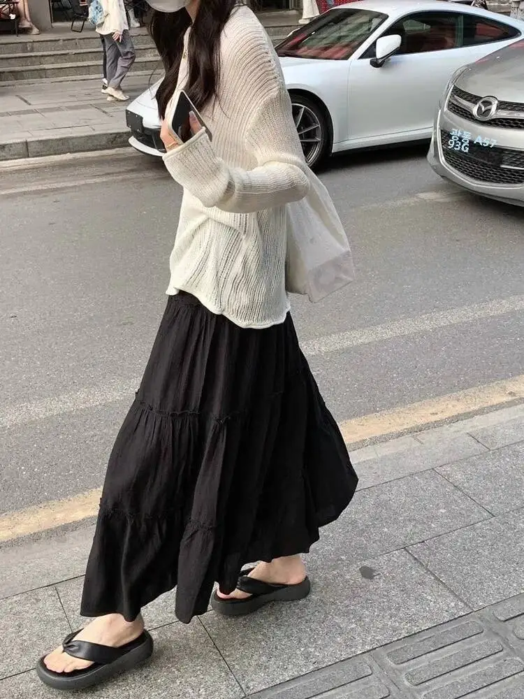 

Women's High Waist Elastic Patchwork White Black Chic Long Cake A-line Skirt Korean Spring Summer Flowing Princ Umbrella Skirt