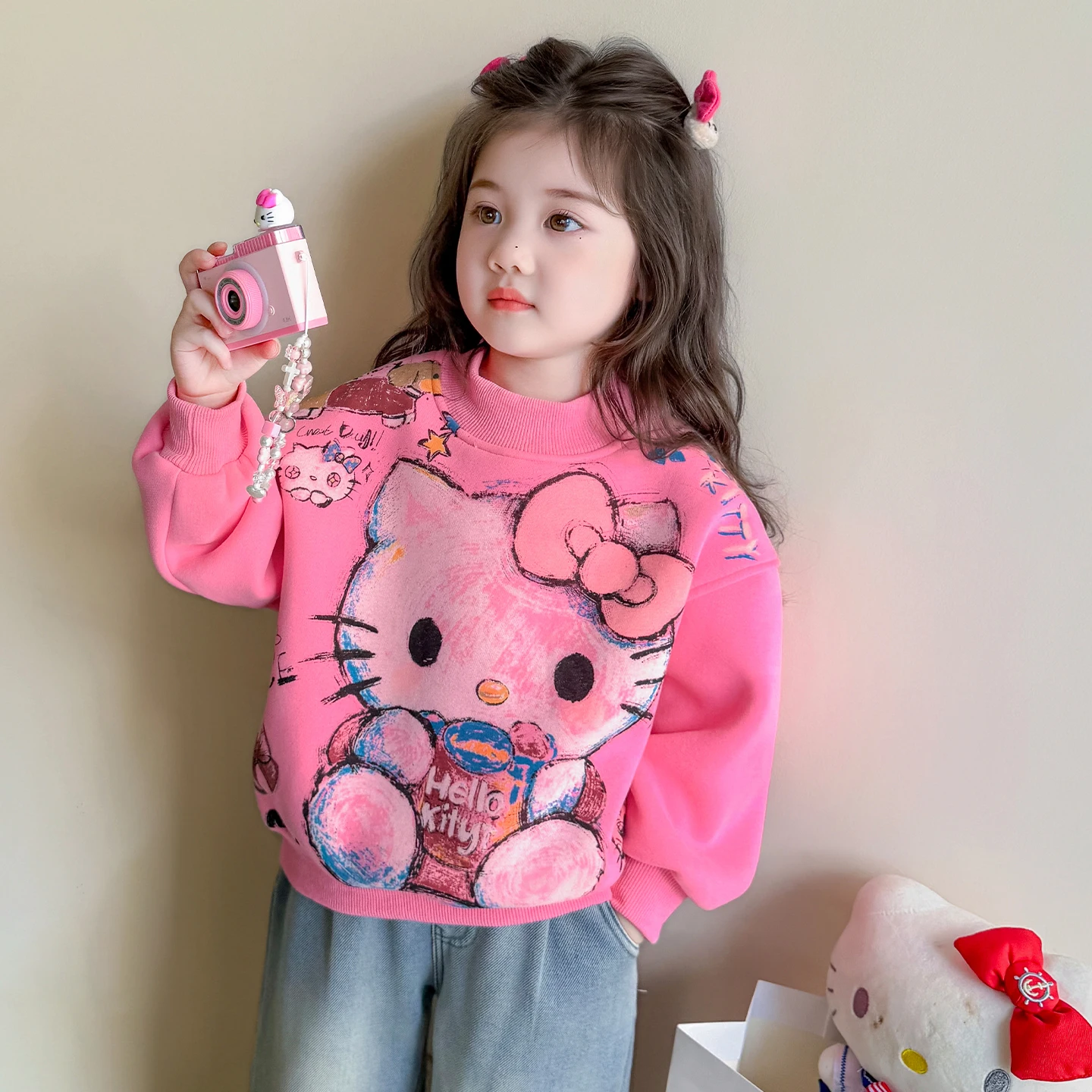 

Girls' Velvet Sweatshirts Autumn Winter New Children's Cartoon Printed Hoodies Korean Style Pink Long Sleeved Kids Pullover Tops