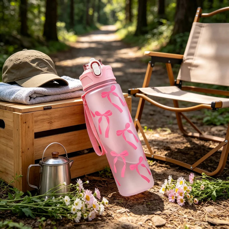 750ml Matte Sport Water Bottle Cute Bowknot Pattern Leakproof Spring Straw Lid Reusable Water Bottle with Straw and Carry Handle