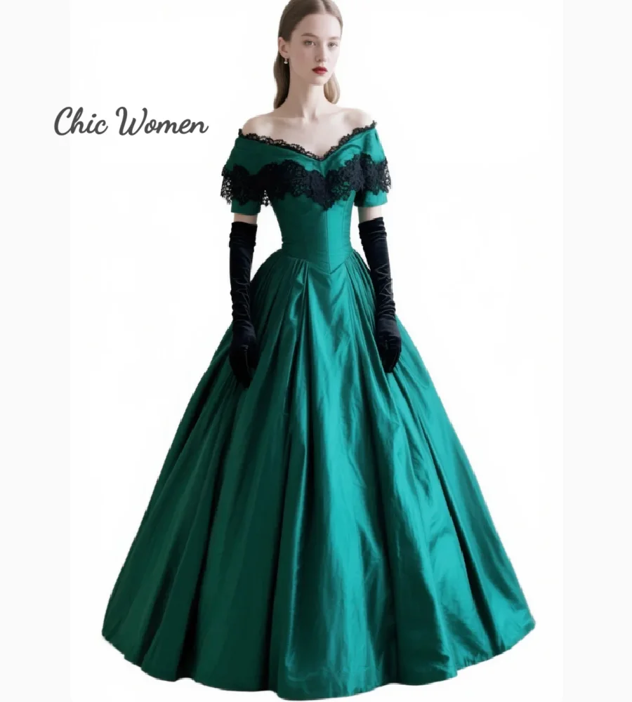 

Вечернее платье в викторианском стиле, зеленое, 1860-х годов, с открытыми плечами, с черным кружевом, атласное, для выпускного вечера, в стиле Гражданской войны, для торжественных мероприятий и вечеринок
