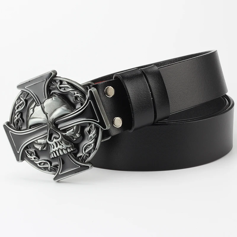 Fashion Hip Hop Style Belt Death\'s Head Skull Buckle Cowskin Leather Belt Crossbones Skeleton Reggae Heavy Metal Rock Decorative