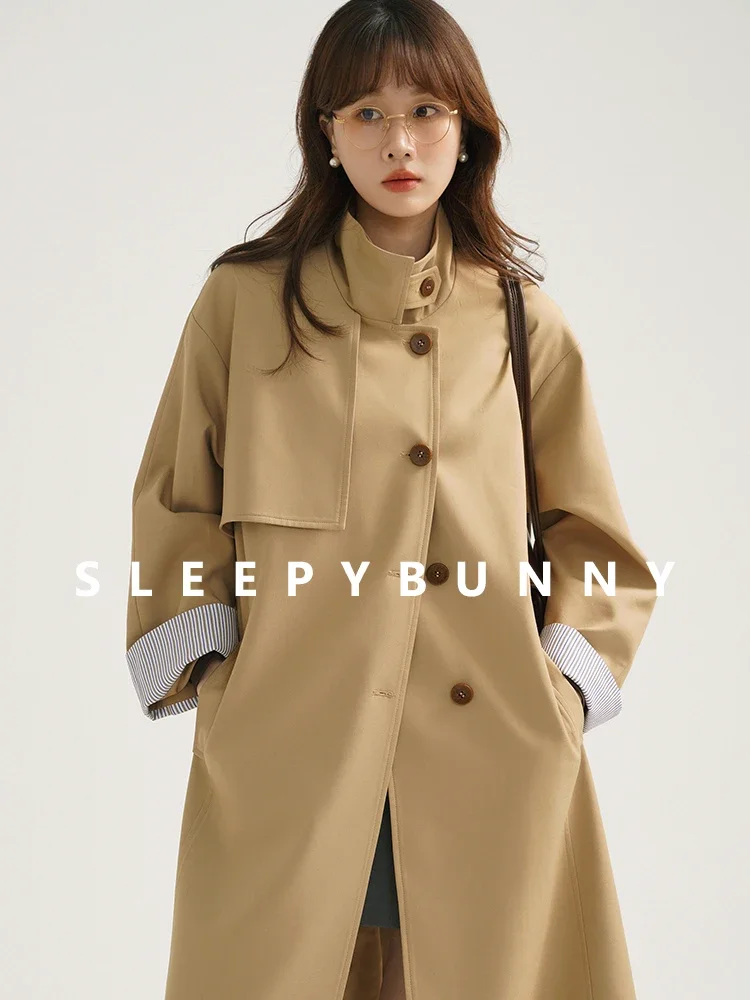 Stand Collar Trench Coat Women 2024 Korean Style Classic Vintage Mid-Length Fashion Outerwear Casual Elegant Chic Fall Overcoat