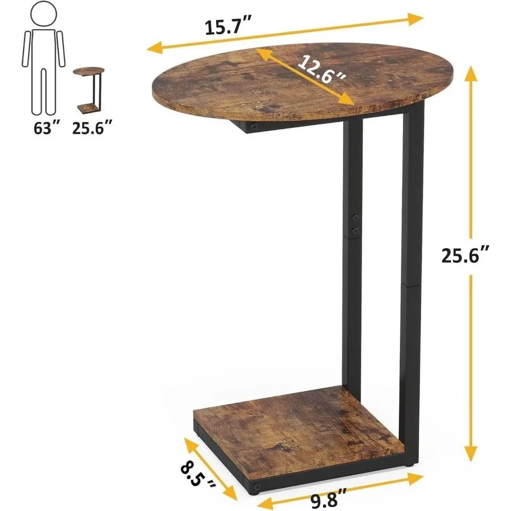 Side Table Small End Table: C-Shaped Wood Sofa Table with Metal Frame for Living Room, Bedroom, Small Spaces (Rustic Brown)