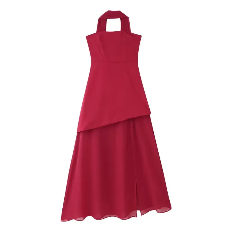 Robe de plage rétro pour femmes, mode maille épissage, robe fendue élégante, tempérament européen et américain, sans manches