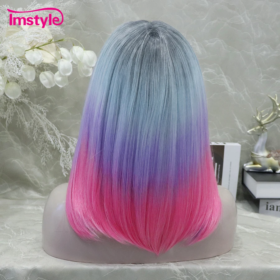 Imstyle-Perruque Lace Front Synthétique Lisse et Colorée, Postiche de Cosplay en Fibre, Bleu Pueple Rose Ombré, Degré de Chaleur