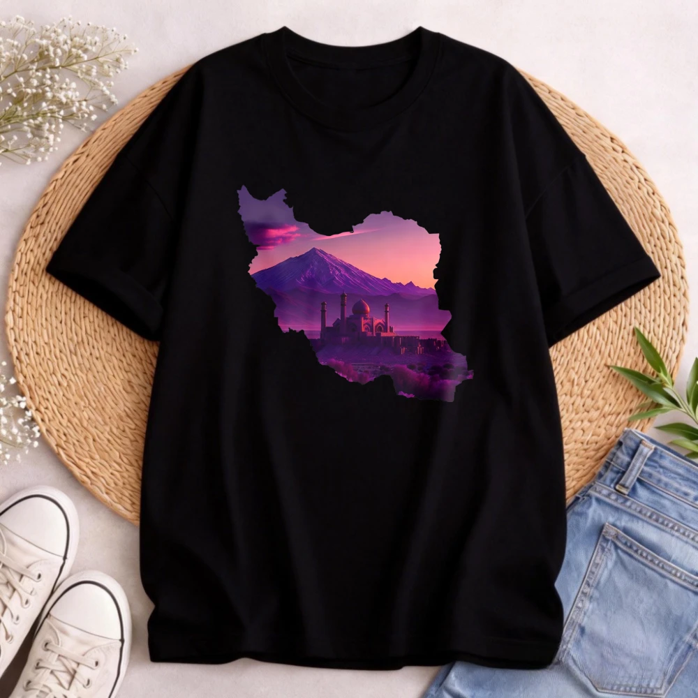 Iranian Lion Iran Map T Shirt Casual Style Men's T-Shirt Iran Map Sunset Landscape Print Summer Wear Gift for Travelers
