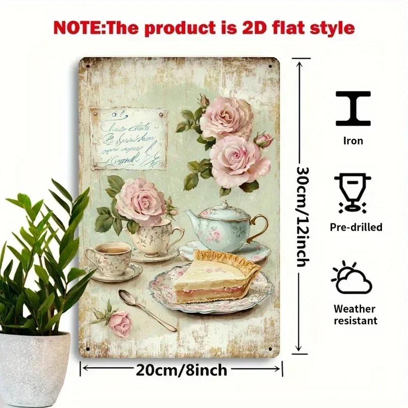 2D Flat, 1pc Vintage Tea Cup & Roses Metal Wall Art Sign - Soft Pastel Teacup & Floral Design, Iron Retro Pastel Colors Suitable