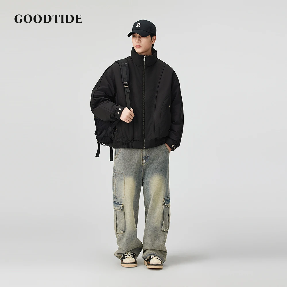 سترة منفوخة غير رسمية للرجال لشتاء 2025 بياقة ثابتة وحاشية مضلعة وتصميم فضفاض مناسب للرجال سترة دافئة للأسفل