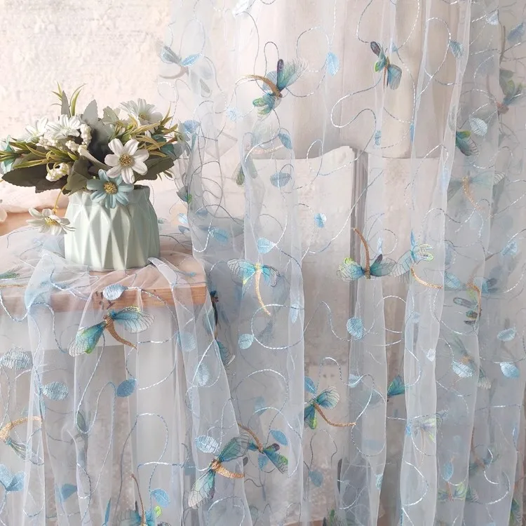 Tissu en maille bleu rose, 1 mètre, broderie tridimensionnelle, couture pour robe de mariée, tissus cheongsam pour matériel