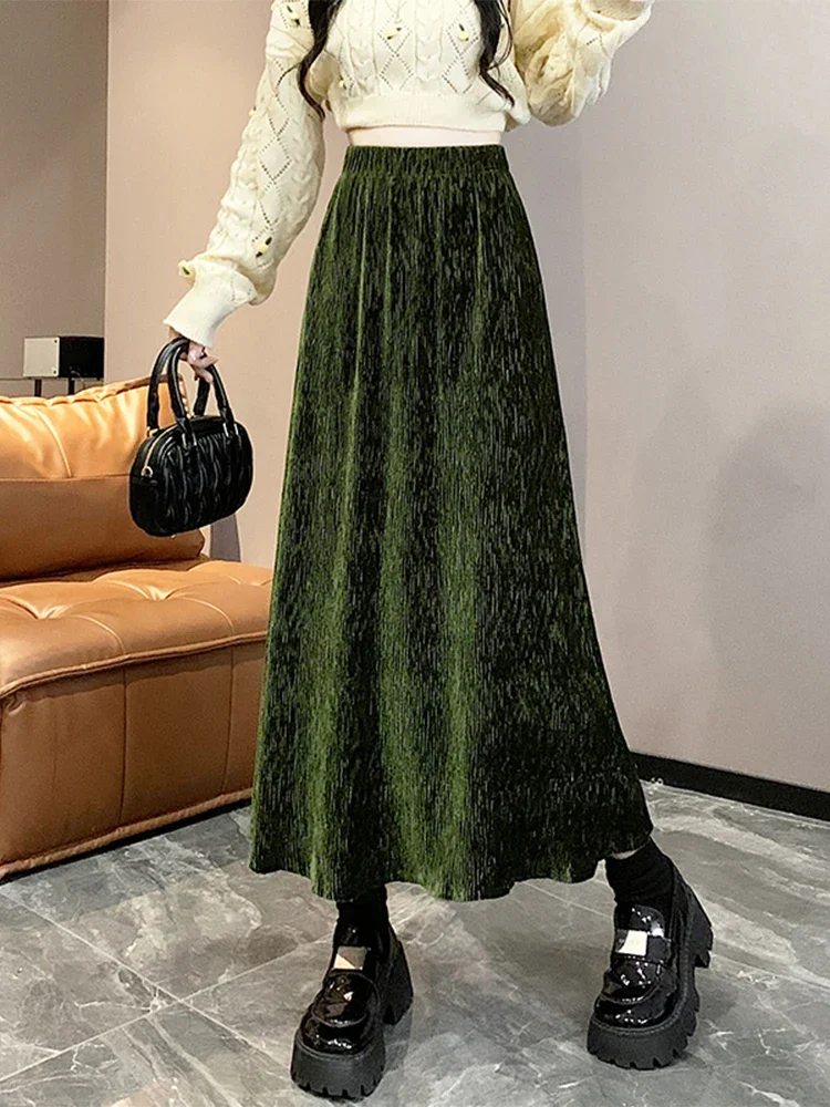 Fashion Folds Velvet Long Skirt for Women 2024 Autumn Winter Vintage Elegant Solid A Line High Waist Maxi Skirt Female Z365