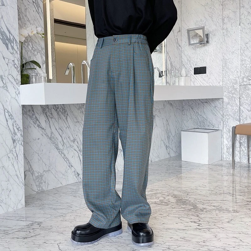 Men's Wide Premium Leg Trousers Niche Casual Plaid Pattern Half Elastic Waist Pleated High End Formal Suit Pants 1JCE