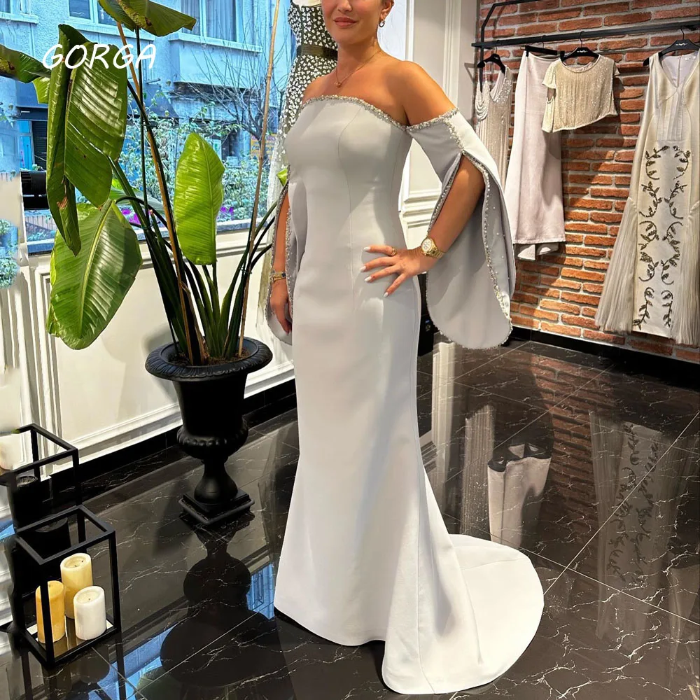 

GORGA Boat Neck Crepe Beading Mermaid Evening Dresses Saudi Arabia Long Sleeve Formal Occasion Dress Floor-Length Party Gown