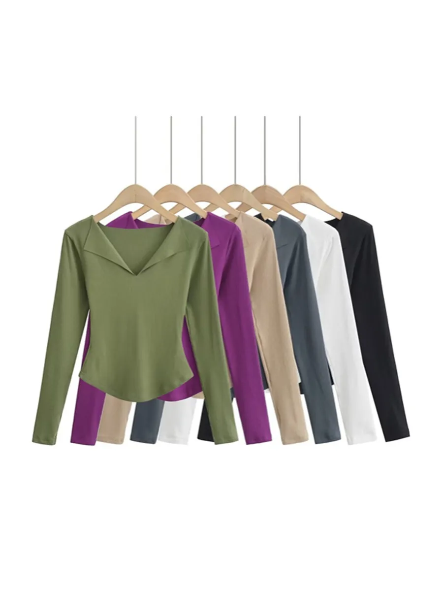 

Футболка для похудения V-Ne Elastic ort Sve Long Sve Street Sle, повседневный однотонный базовый слой, модный женский топ