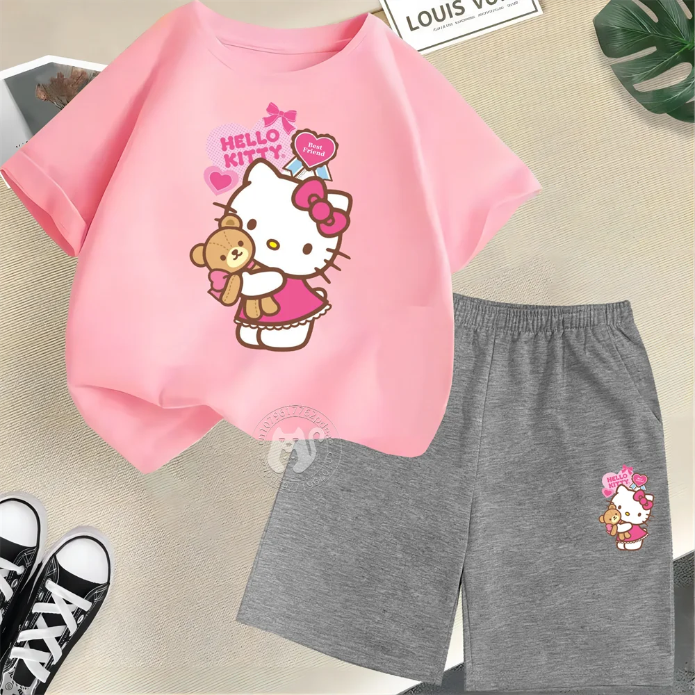 

Cartoon Kids Fun Summer 100% Cotton T-shirt + Shorts Fashion cute Hello Kitty and Bear Boys girls street casual kids wear