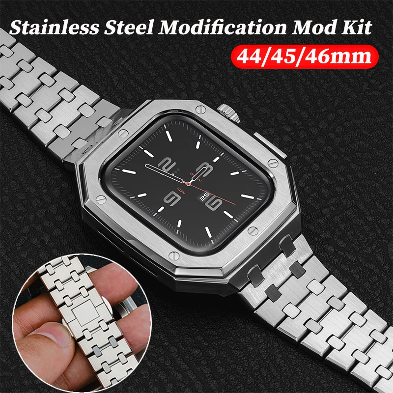 

Роскошный набор для модификации из нержавеющей стали для Apple Watch 11 10 9 8 7 46 мм, металлический корпус для iWatch 6 5 4 3 SE 44 мм, комплект с ремешком