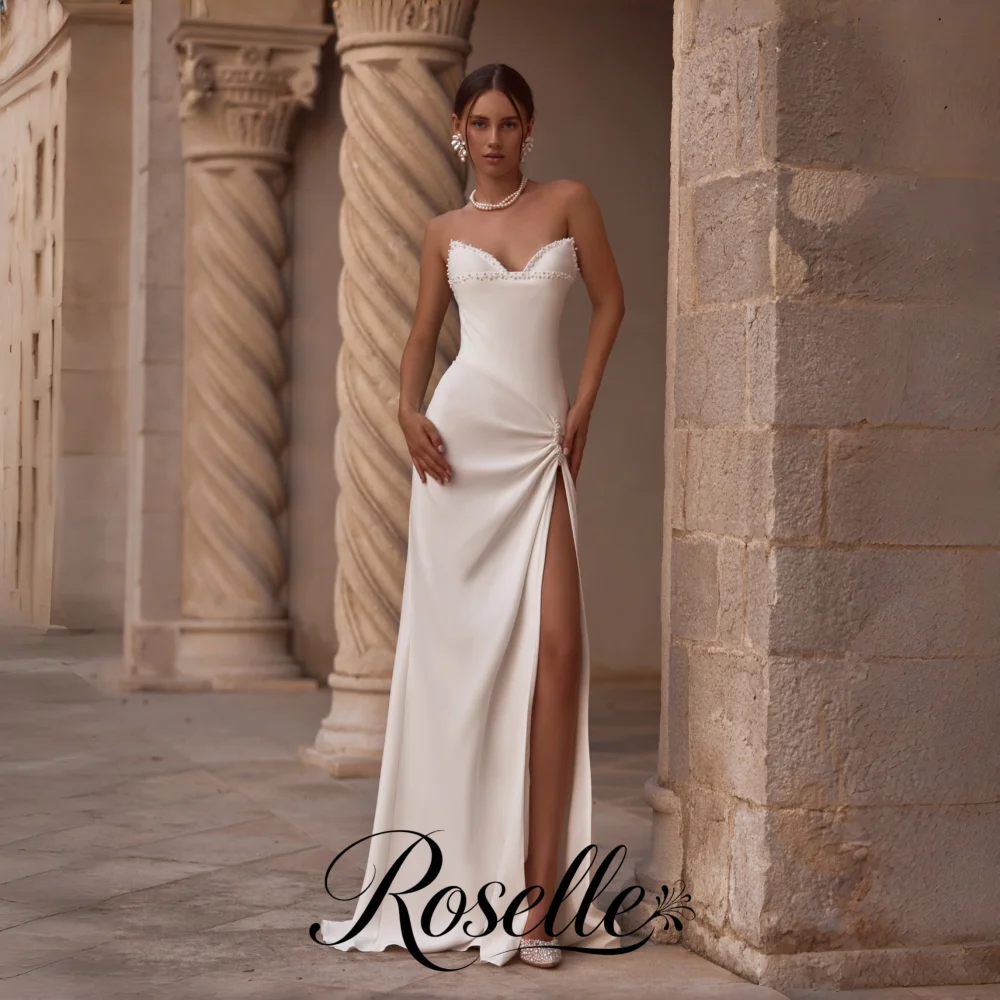Свадебное платье-футляр ROSELLE с высоким разрезом, без рукавов, с вырезом «сердечко», плиссировкой и бисером, 2026, на заказ