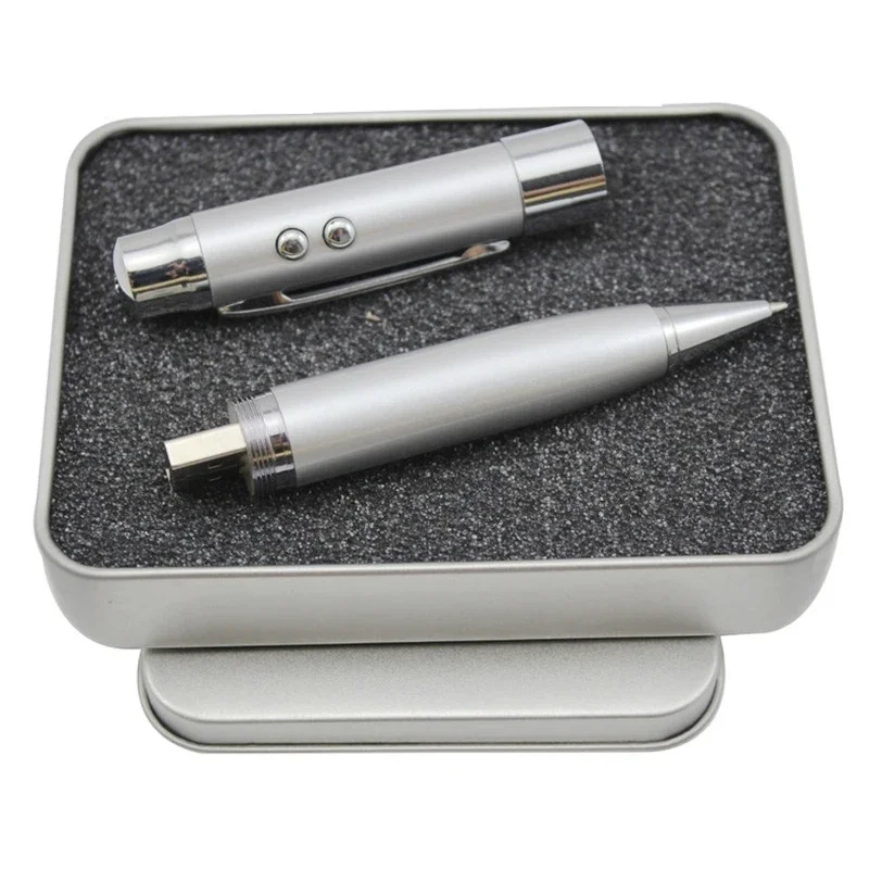 Metal Ball Laser Pen USB Flash Drive 128GB with Iron Box Memory Stick 64GB 1pcs Free Custom Logo 32GB High Speed Pen Drive 16GB