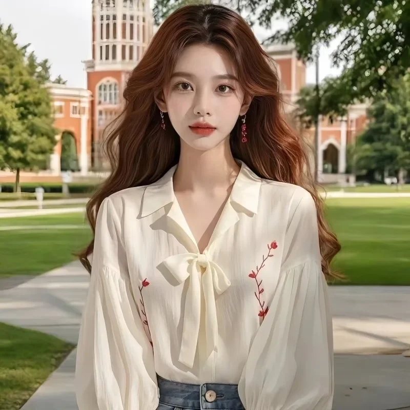 بلوزات شيفون نسائية قمصان كورية مطبوعة موضة فضفاضة للربيع/الصيف بفيونكة ملابس عتيقة بأكمام طويلة ملابس علوية للسيدات