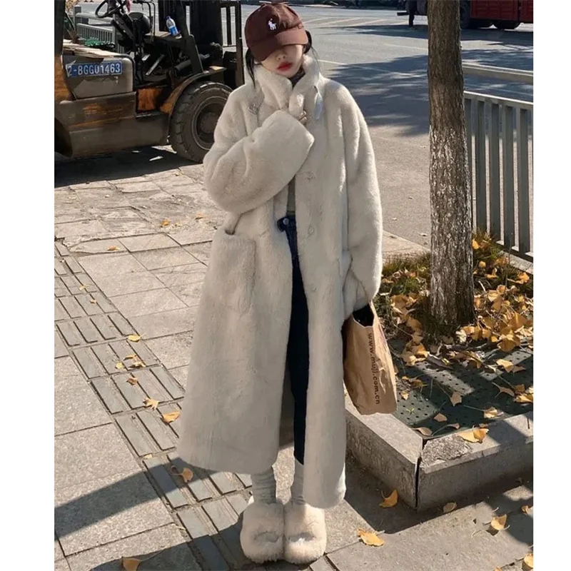 Women's Winter Coat Loose Mink Fur Buckle Mink Coat Furry Coat Female Autumn Lamb Plush Imitation Mink Rex Rabbit Fur Coat Long