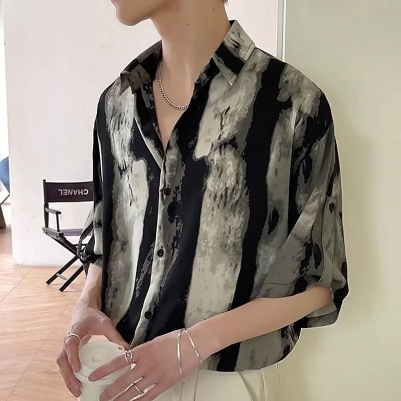 Fashion Lapel Button Spliced All-match Printed Shirts Men\'s Clothing 2023 Summer New Loose Casual Tops Half Sleeve Korean Shirt