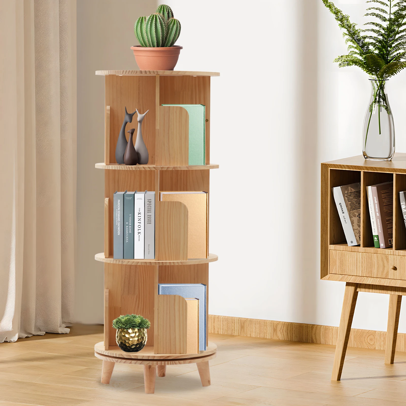 3-Tier Rotating Bookshelf Organizer Floor Standing Storage Shelf Display Rack