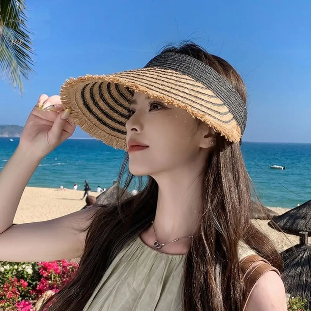 

Folding Sun Cap Portable Empty Top Straw Hat Solid Color Polyester Sunscreen Hat Lightweight Breathable Wide Brim Woven Beach