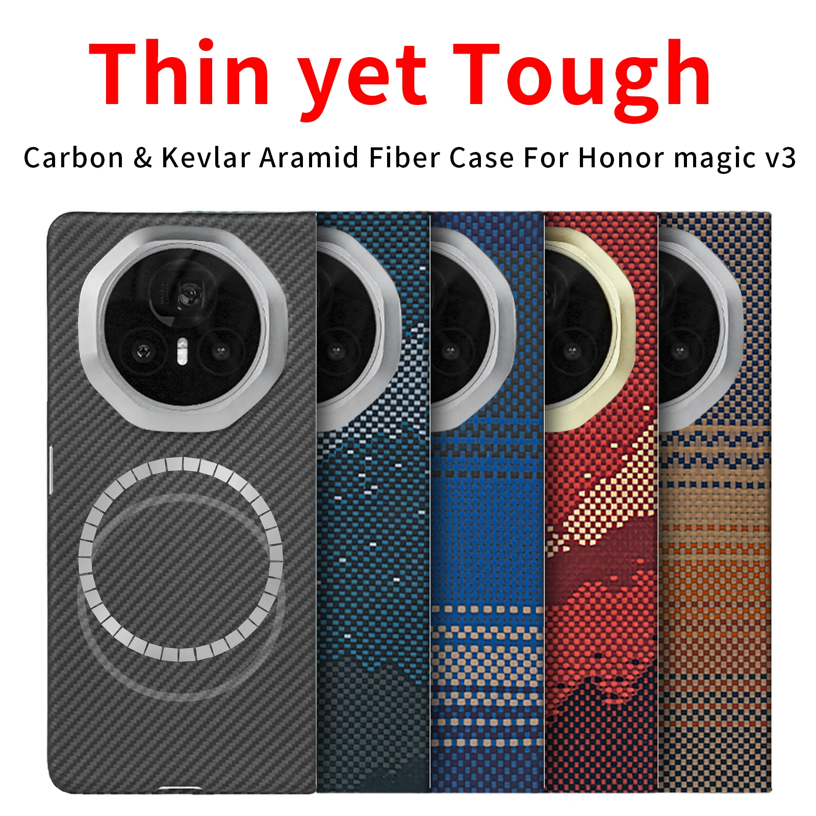 Carbon Fiber Aramid Magnetic Case for Honor Magic V3 Kevlar Fabric Thin Hard Lightweight Cover Magnetic Black Slim Light Red