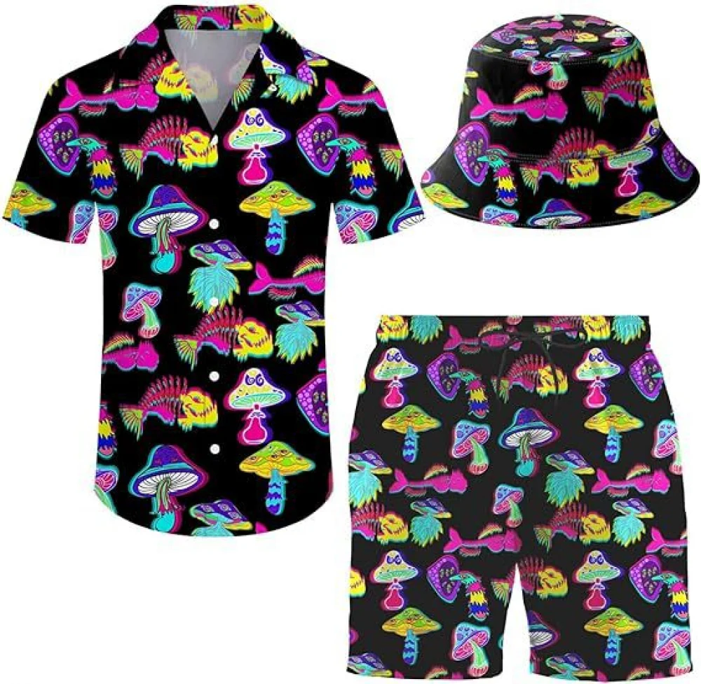 Heren 2 Stuks 80S 90S Outfit Retro Shirts En Korte Broek Set Met Hoed Hawaiian Strand Trainingspakken Voor Mannen Disco Party