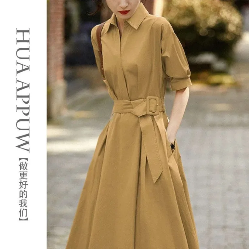 Workwear Trench Coat Lapel Tied Waist Tied Shirt Dress Women's Clothing New Style A-line Skirt for Spring/summer