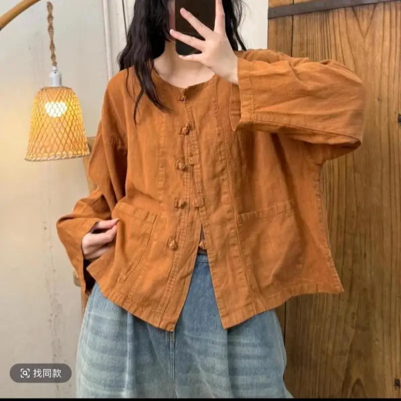 Nové jarní umělecké stylové dámské jednořadé volné krátké kabáty s výstřihem do O-neck s dvojitými kapsami, vintage bavlněné lněné bundy vysoké kvality - náhled 4