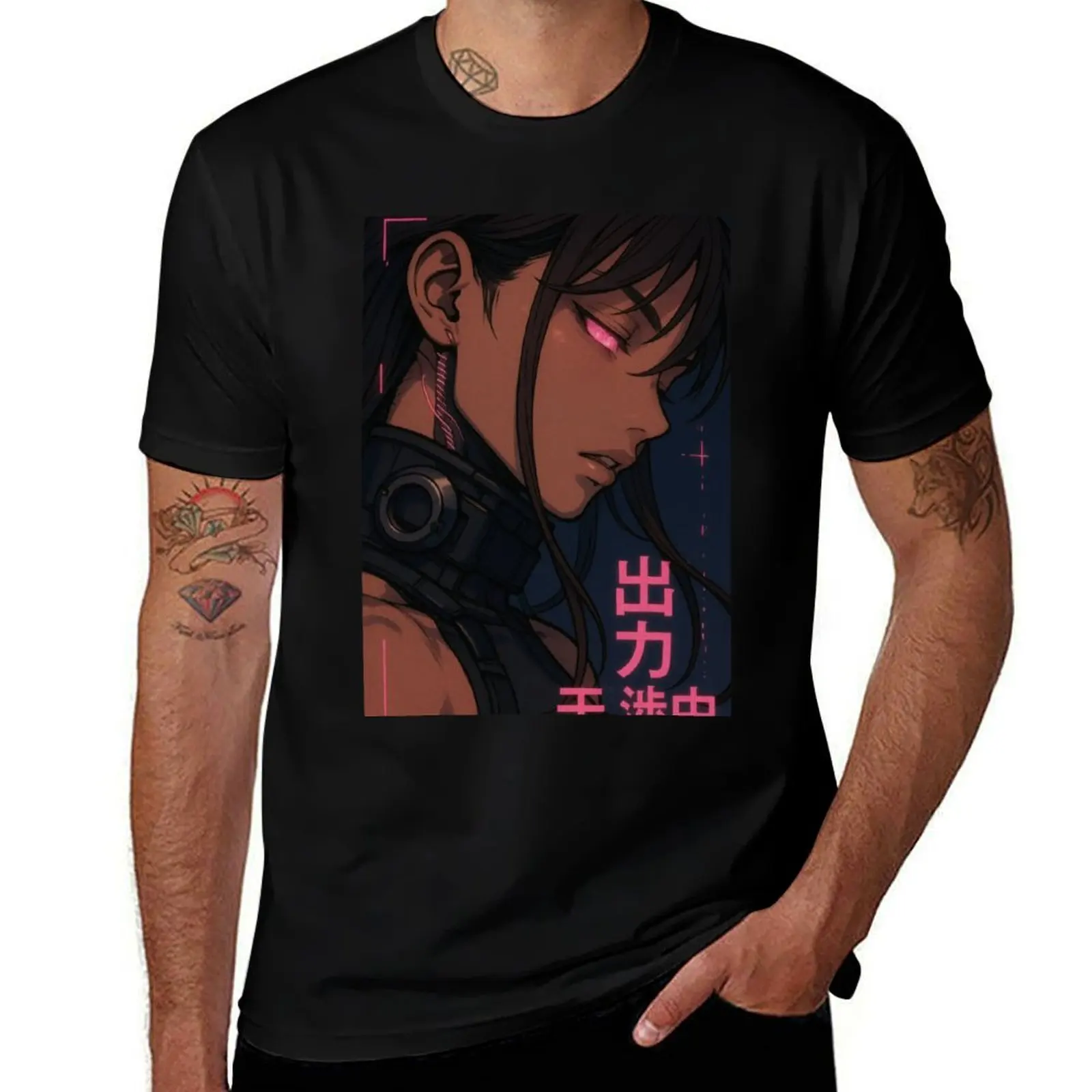 

Output Interference - Cybernetic Anime Girl with Neon Pink Eye T-Shirt man t shirt shirts graphic tee men