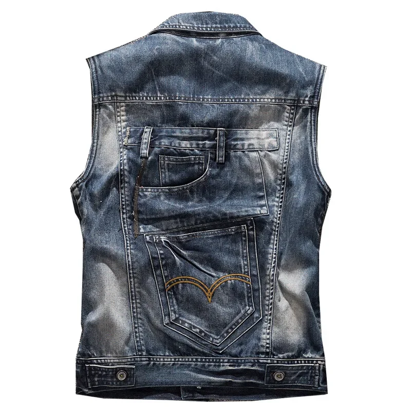 Men Motorcycle Denim Vests Jackets New Fashion Male Slim Fit Denim Coats Vests Punk Style Multiple Pockets Jeans Vest Size 6XL