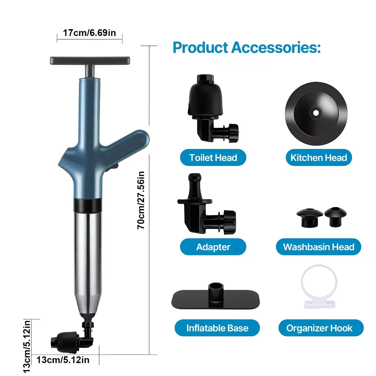 Powerful Toilet Plunger Stainless Steel Pipe Dredger Unblocker Pneumatic High-Pressure Dredging Air Drain Blaster Tool Set