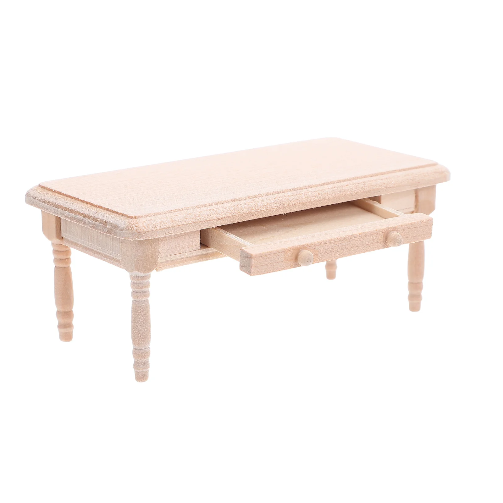 Miniaturowy drewniany stolik kawowy w skali 1:12 z szufladą, niezakonczony, do dekoracji salonu w domku dla lalek, miniaturowe stoliki do domku dla lalek.