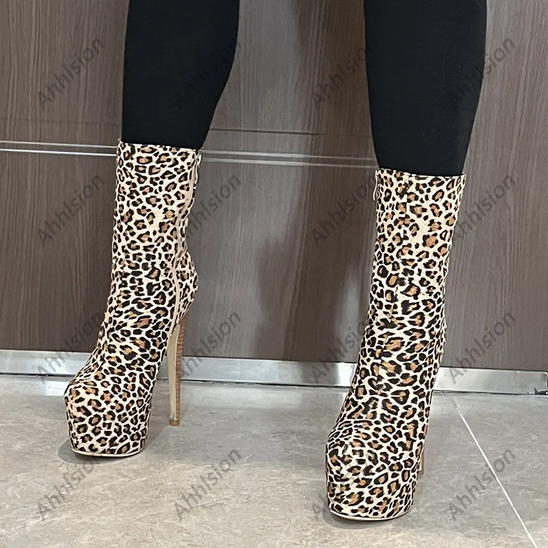 Ahhlsion Real Photos Women Winter Ankle Boots Platform Stiletto Heels Round Toe Leopard Club Wear Shoes US Plus Size 5-20