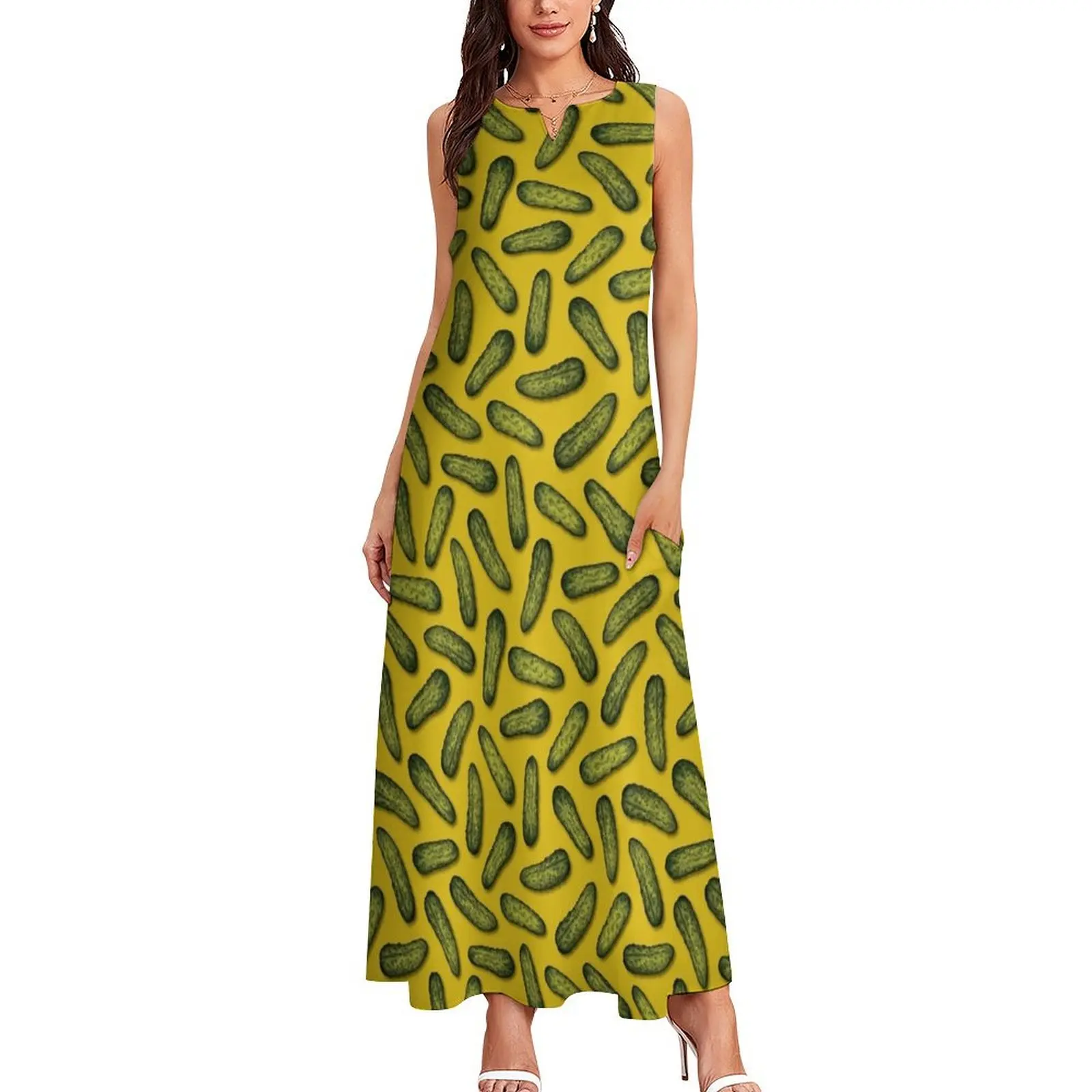 A Plethora Of Pickles - Green & Yellow Gherkin Pattern Long Dress womans clothing dress party night Clothing female