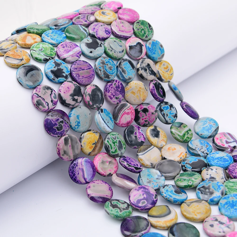 

APDGG Natural 20mm Mix Color Agates Coin Loose Beads 15.5'' Jewelry Making DIY