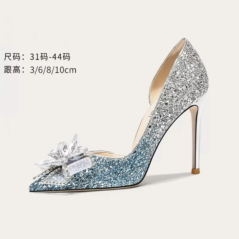 Spring and Summer New Pointed Gradient Sequin Crystal Wedding Shoes Slim High Heel Party Dress Large and Small Women Single Shoe