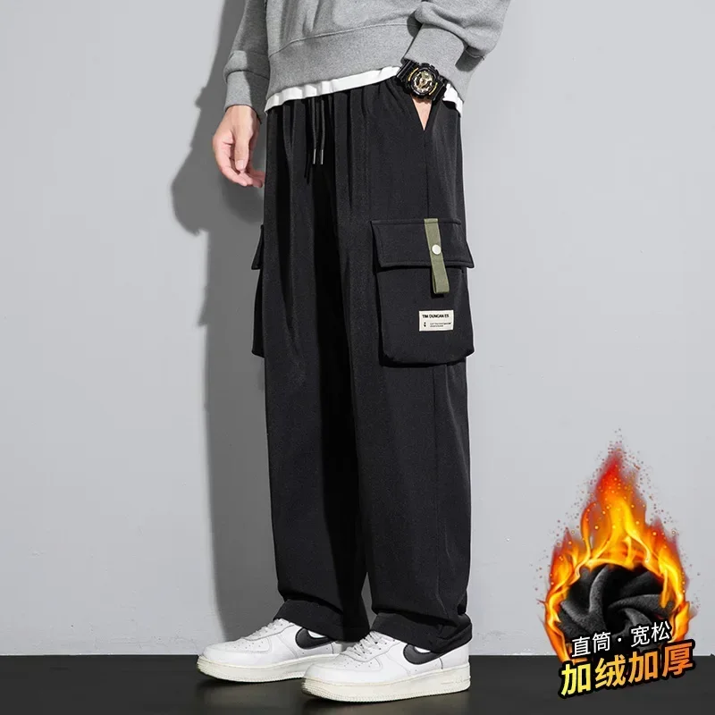 

Winter Men's Fleece Large Pocket Cargo Pants Versatile Outdoor Windproof Cargo Pants Korean Version of Men's Straight-leg Slacks