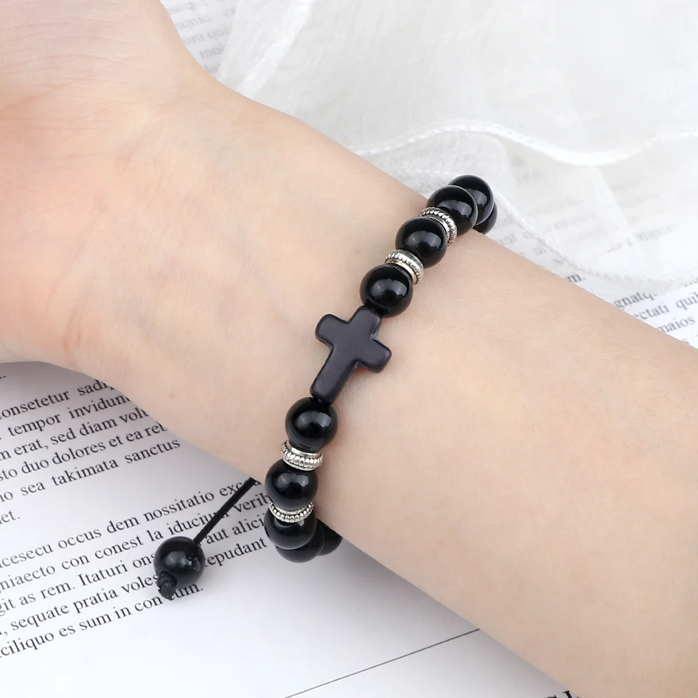Vintage Cross Men Bracelets Bangles 8mm Natural Stone Black Lava Onyx Beads Meditation Bracelets Women Fashion Yoga Jewelry Gift