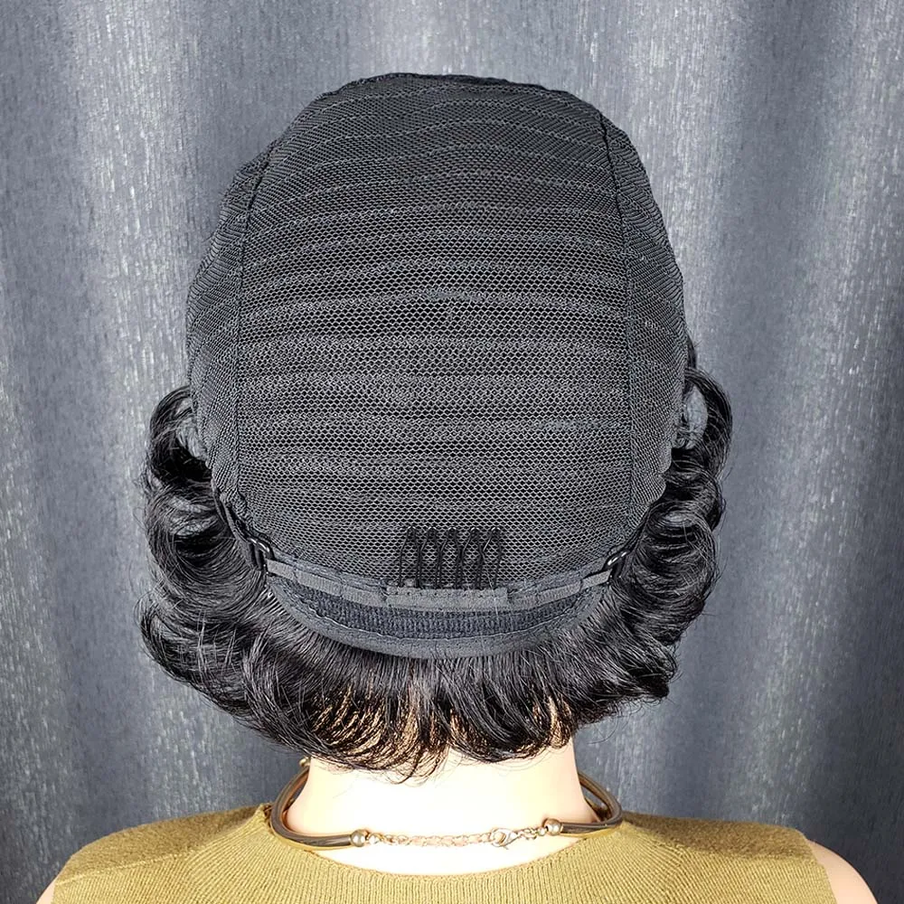 Pixie-Perücken für schwarze Frauen, Echthaar, kurze geschichtete Perücken mit Pony, voll maschinell hergestellte, maschinell hergestellte Perücke in natürlicher Farbe