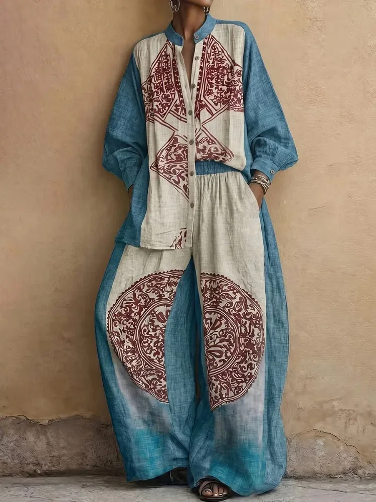 Conjunto de 2 Piezas UOOZEE para Mujer, Estilo Étnico Vintage, Blusa de Manga Larga con Cuello Alto y Pantalones Anchos de Cintura Alta