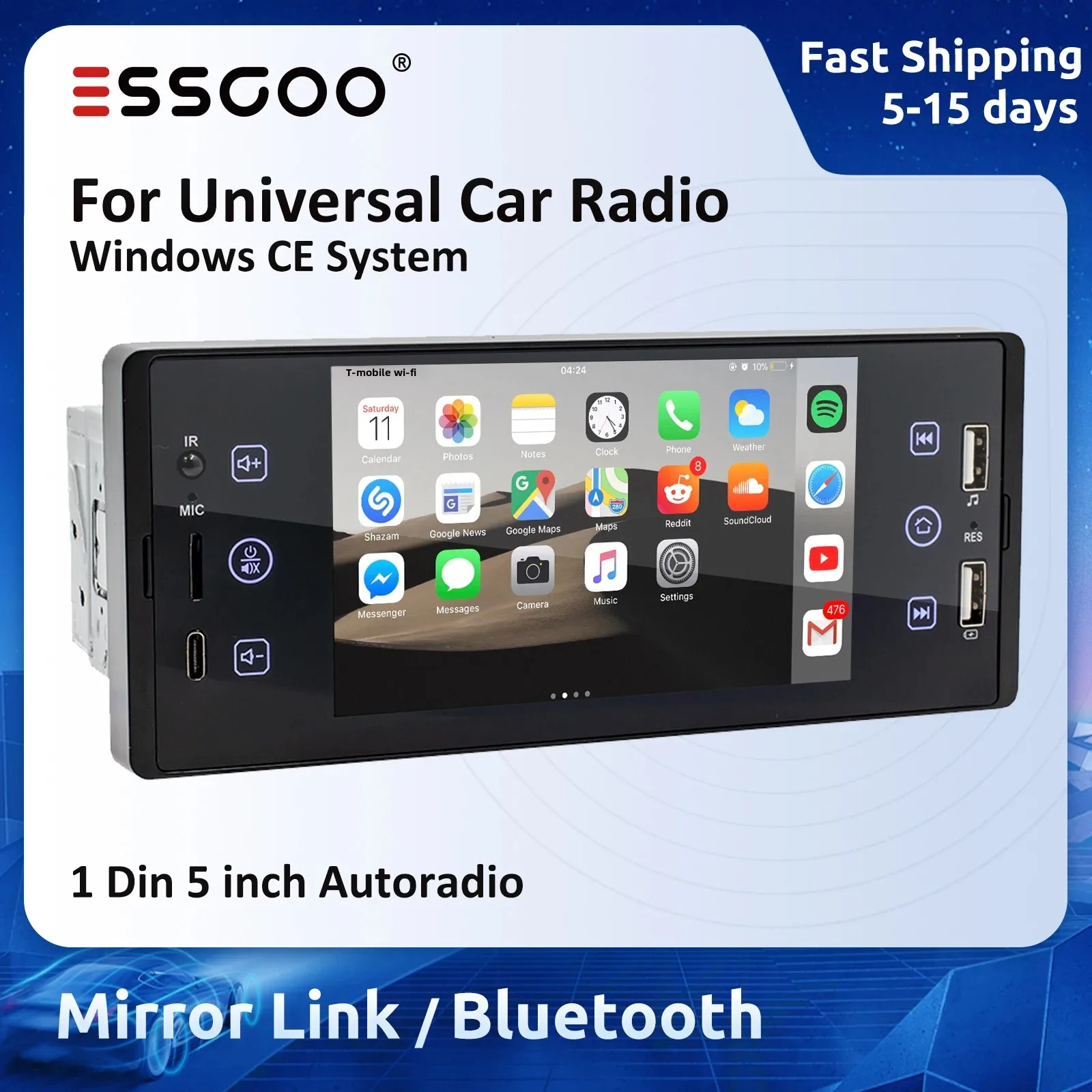 ESSGOO Car Radio 1Din MP5 Player Autoradio Stereo 5'' IPS Touch Screen Bluetooth Mirror Link Type C Universal Multimedia Player