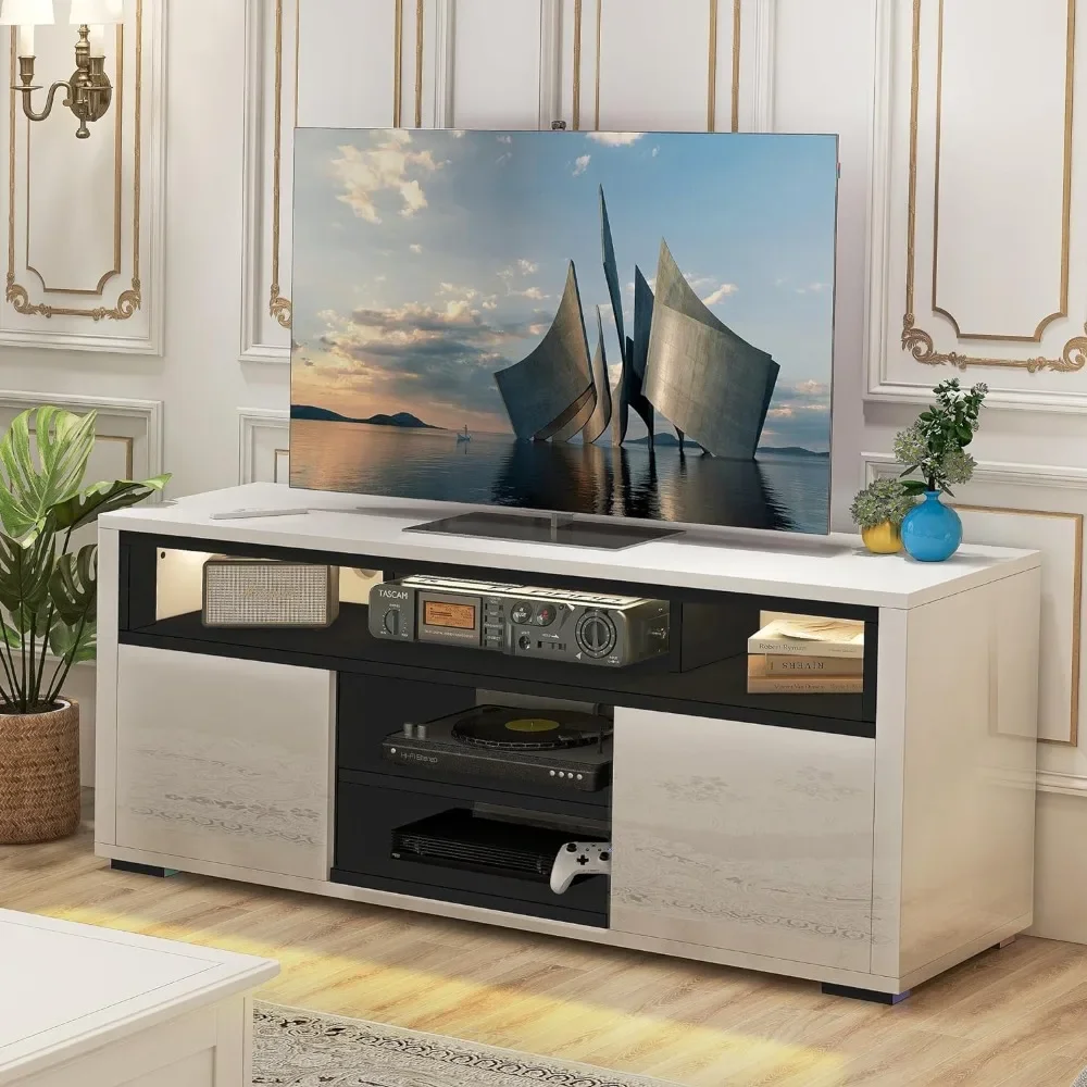 

Gaming Media Stand Tv Table High Gloss Wood TV Console With 2 Bedroom Lockers Entertainment Center With 5 Open Shelves Cabinet