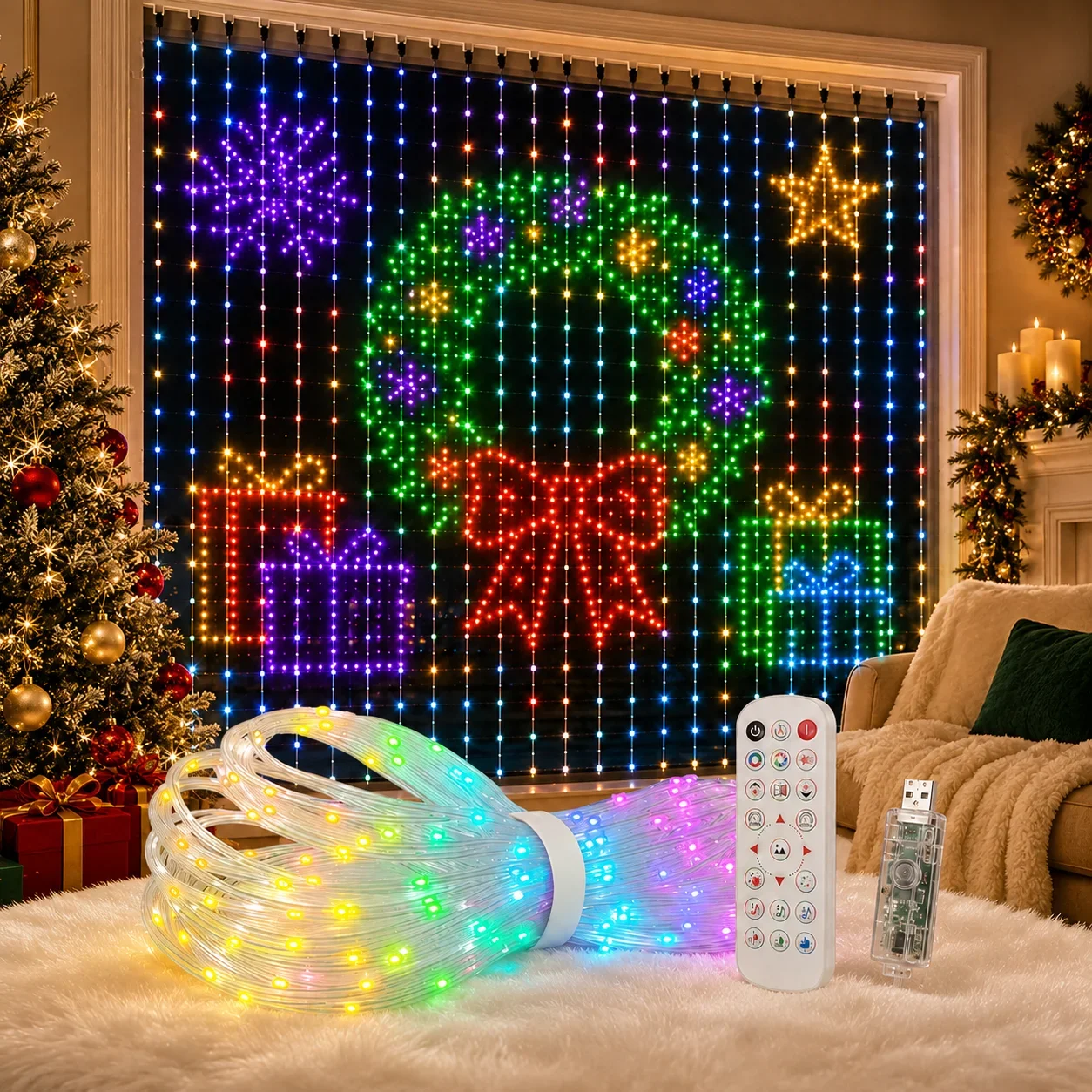Smart Curtain Lights LED String Lights APP Control Music Sync DIY Patterns Timer for Christmas Window Party Holiday Decor