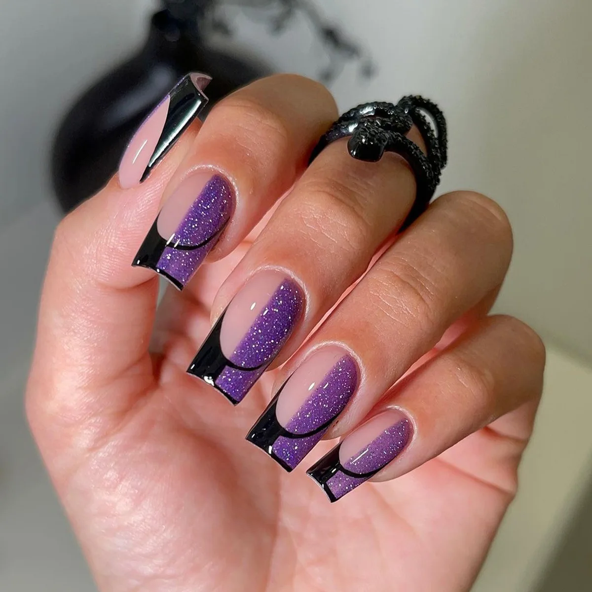 Press on Nails Medium Long Square , Purple Black Fake Nails with Glitter Design Gel Glue on Nails for Women Girls Full Cover Acr