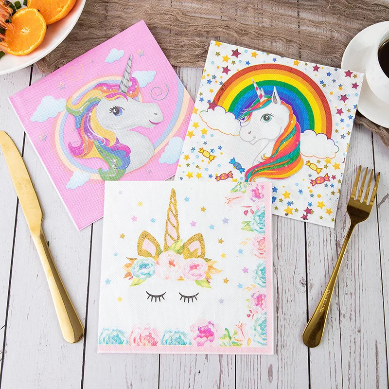 20Pcs/bag Cartoon Rainbow Unicorn theme party Disposable Napkins Tissues Towel for Baby Shower Kids Birthday Party Decoration