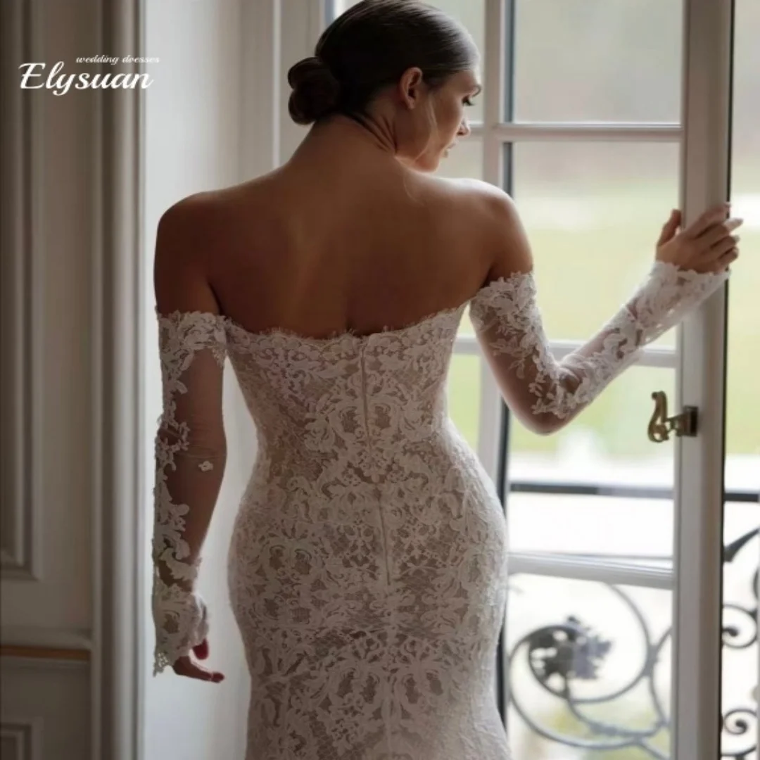 Customized White Off the Shoulder Wedding Dresses Long Sleeves Back Zip Train Bridal Gowns Mermaid Wedding Gowns